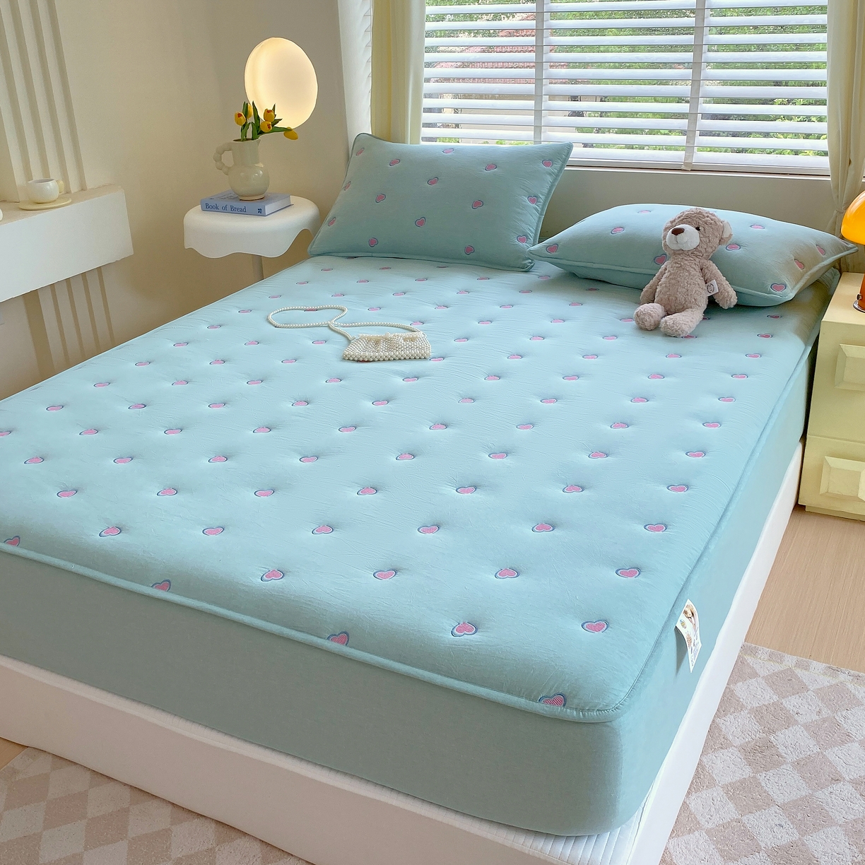 91家纺网 家纺一手货源 找家纺 卡诗兰 2026新款全棉色织夹棉刺绣床笠-爱意满满 爱意满满-翠绿