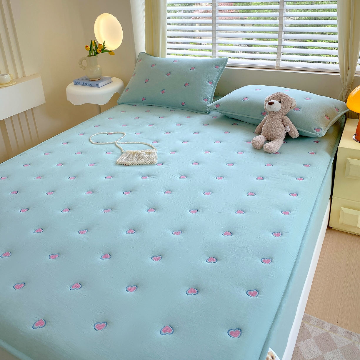 91家纺网 家纺一手货源 找家纺 卡诗兰 2026新款全棉色织夹棉刺绣床笠-爱意满满 爱意满满-翠绿