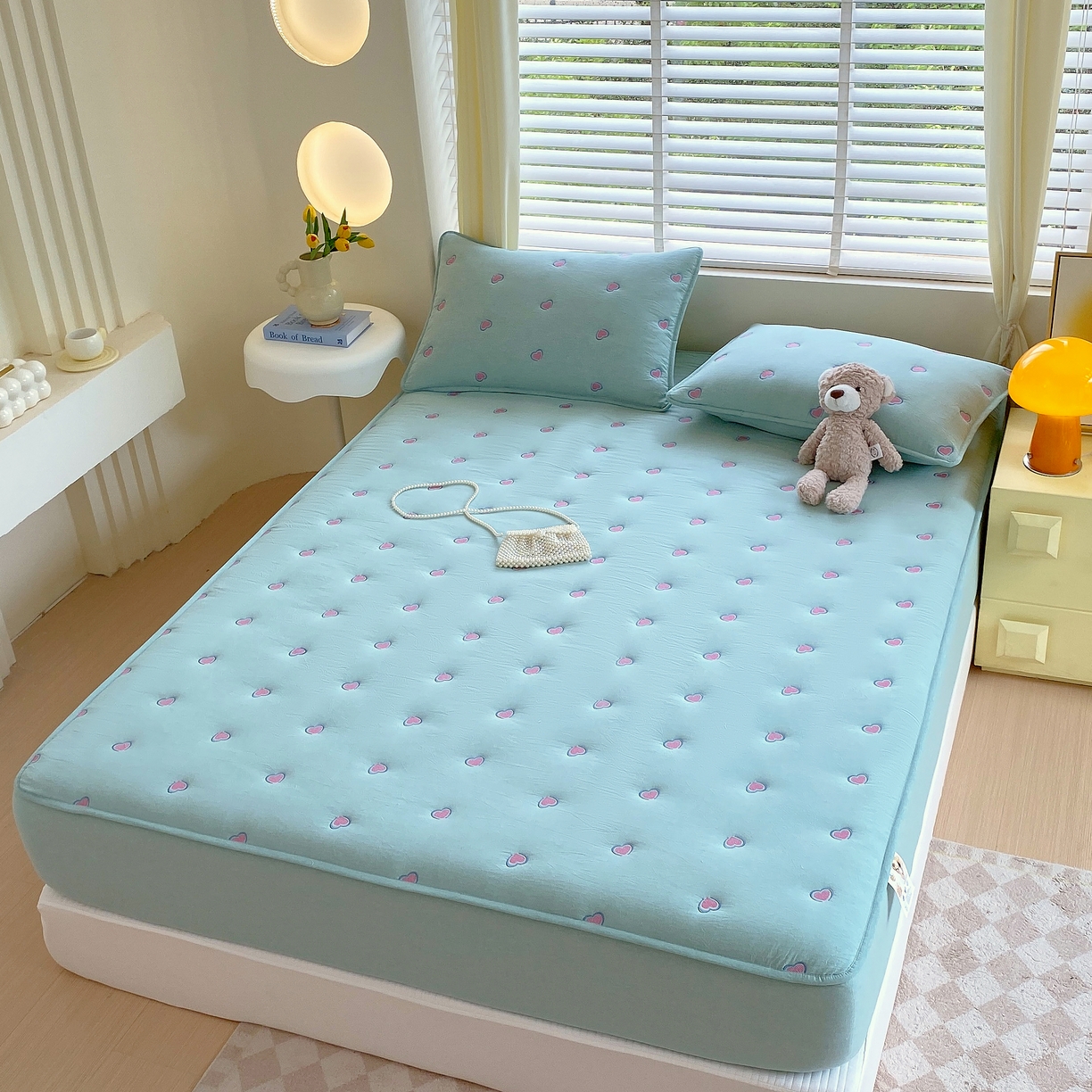 91家纺网 家纺一手货源 找家纺 卡诗兰 2026新款全棉色织夹棉刺绣床笠-爱意满满 爱意满满-翠绿