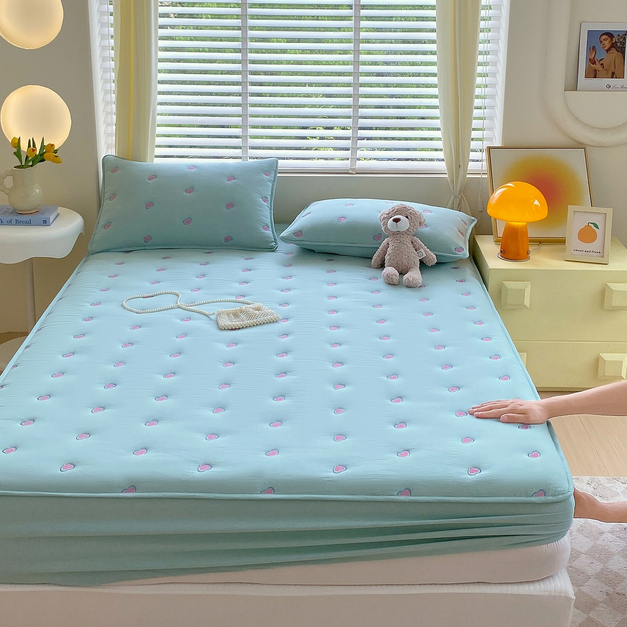 91家纺网 家纺一手货源 找家纺 卡诗兰 2026新款全棉色织夹棉刺绣床笠-爱意满满 爱意满满-翠绿