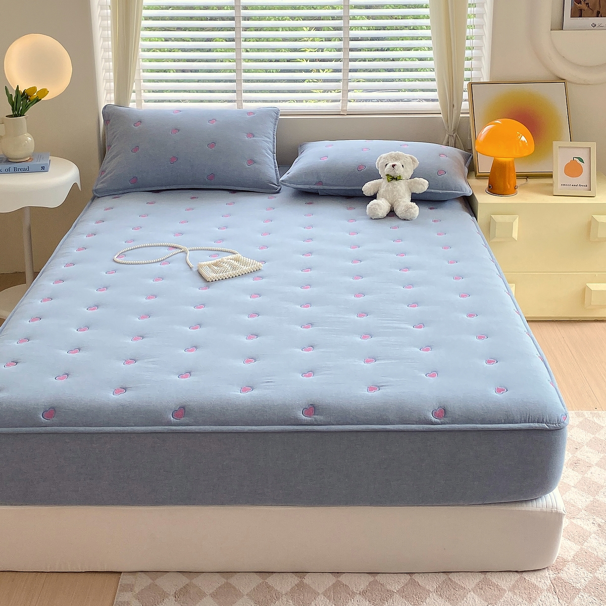 91家纺网 家纺一手货源 找家纺 卡诗兰 2026新款全棉色织夹棉刺绣床笠-爱意满满 爱意满满-蓝青色