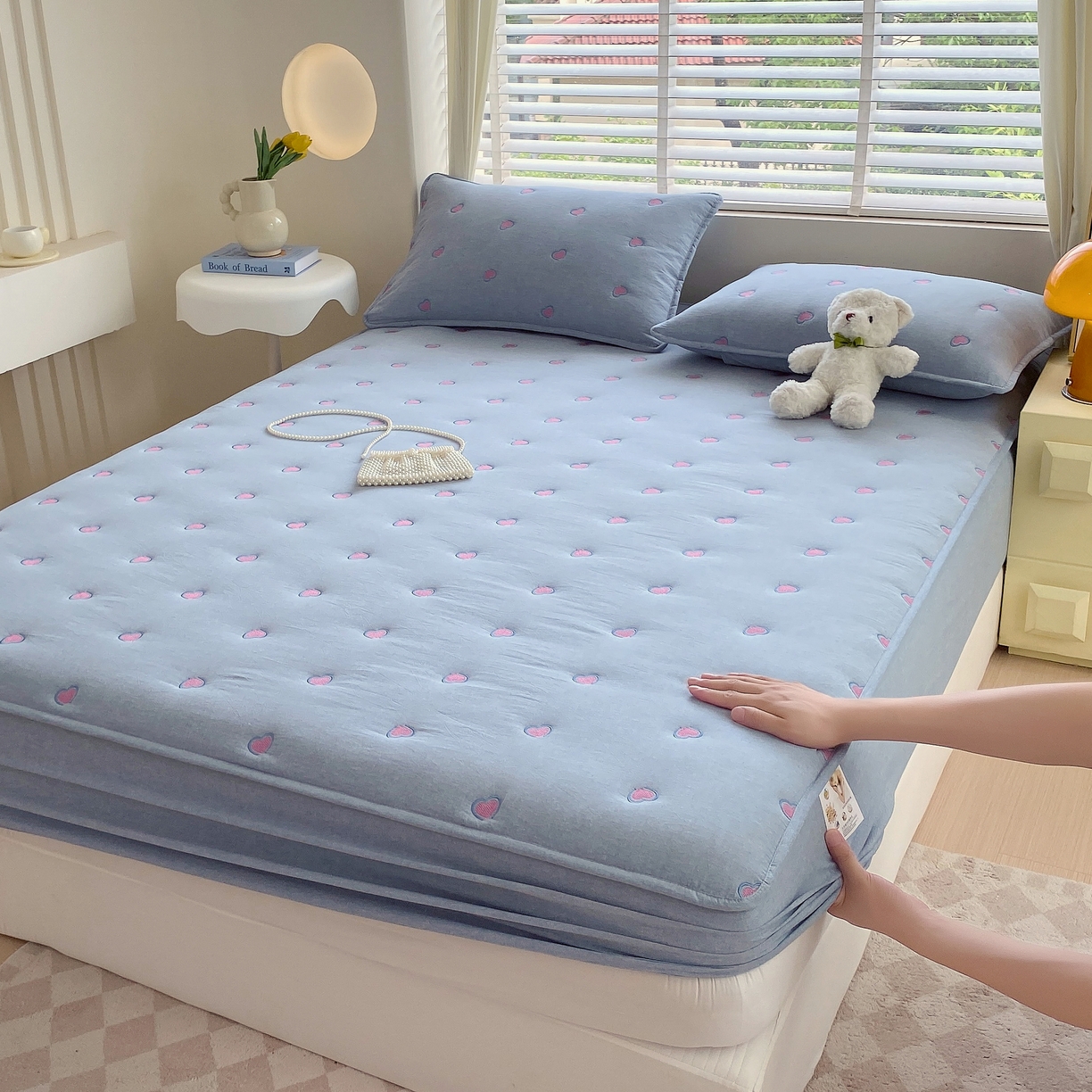 卡诗兰 2026新款全棉色织夹棉刺绣床笠-爱意满满 爱意满满-蓝青色