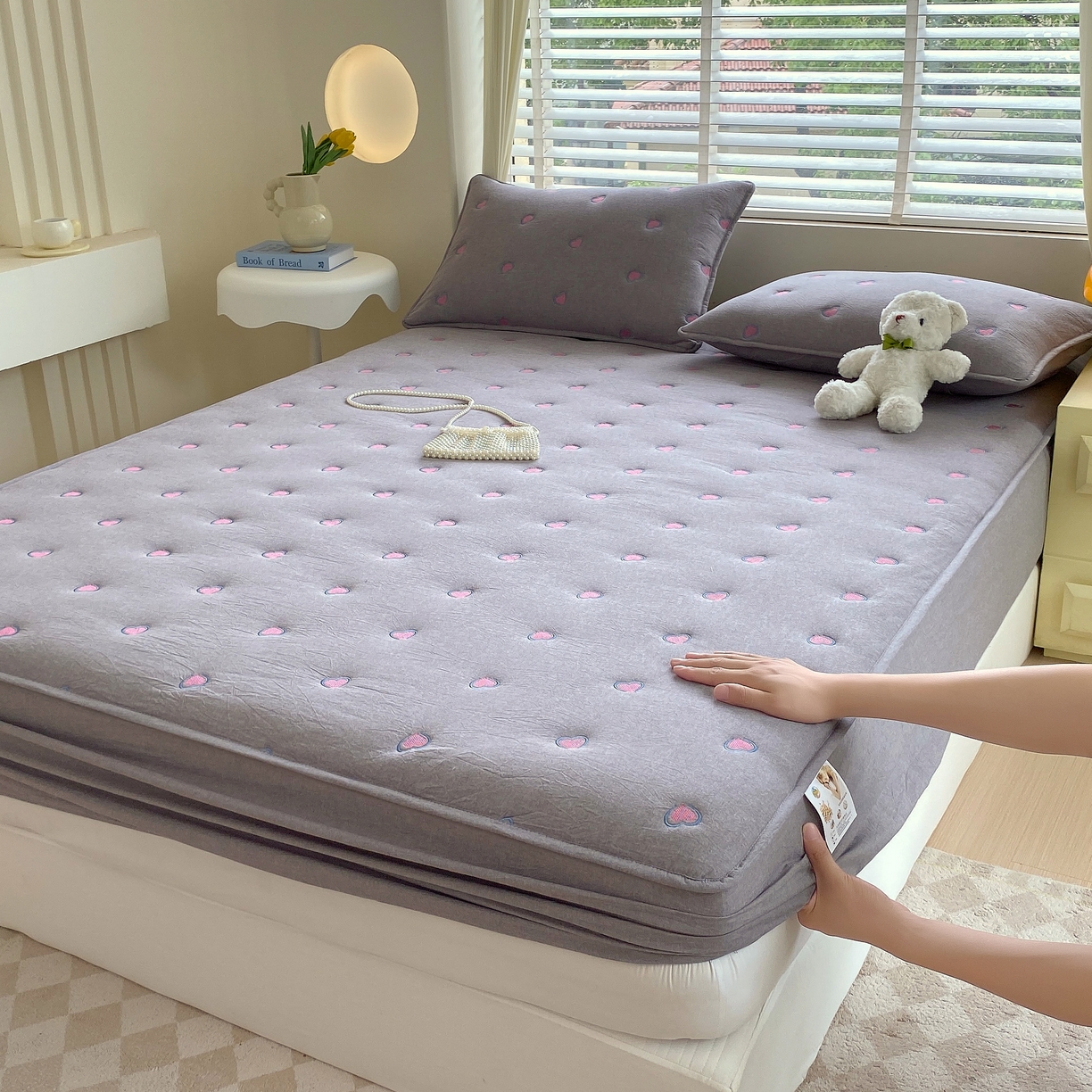 卡诗兰 2026新款全棉色织夹棉刺绣床笠-爱意满满 爱意满满-绅士灰