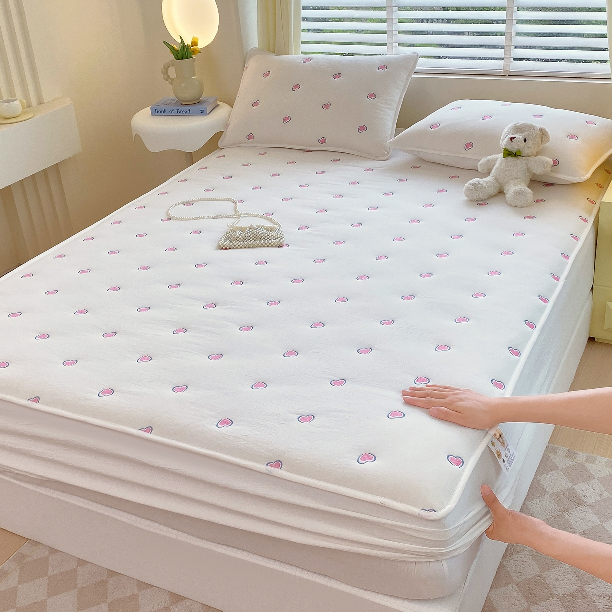 卡诗兰 2026新款全棉色织夹棉刺绣床笠-爱意满满 爱意满满-珍珠白