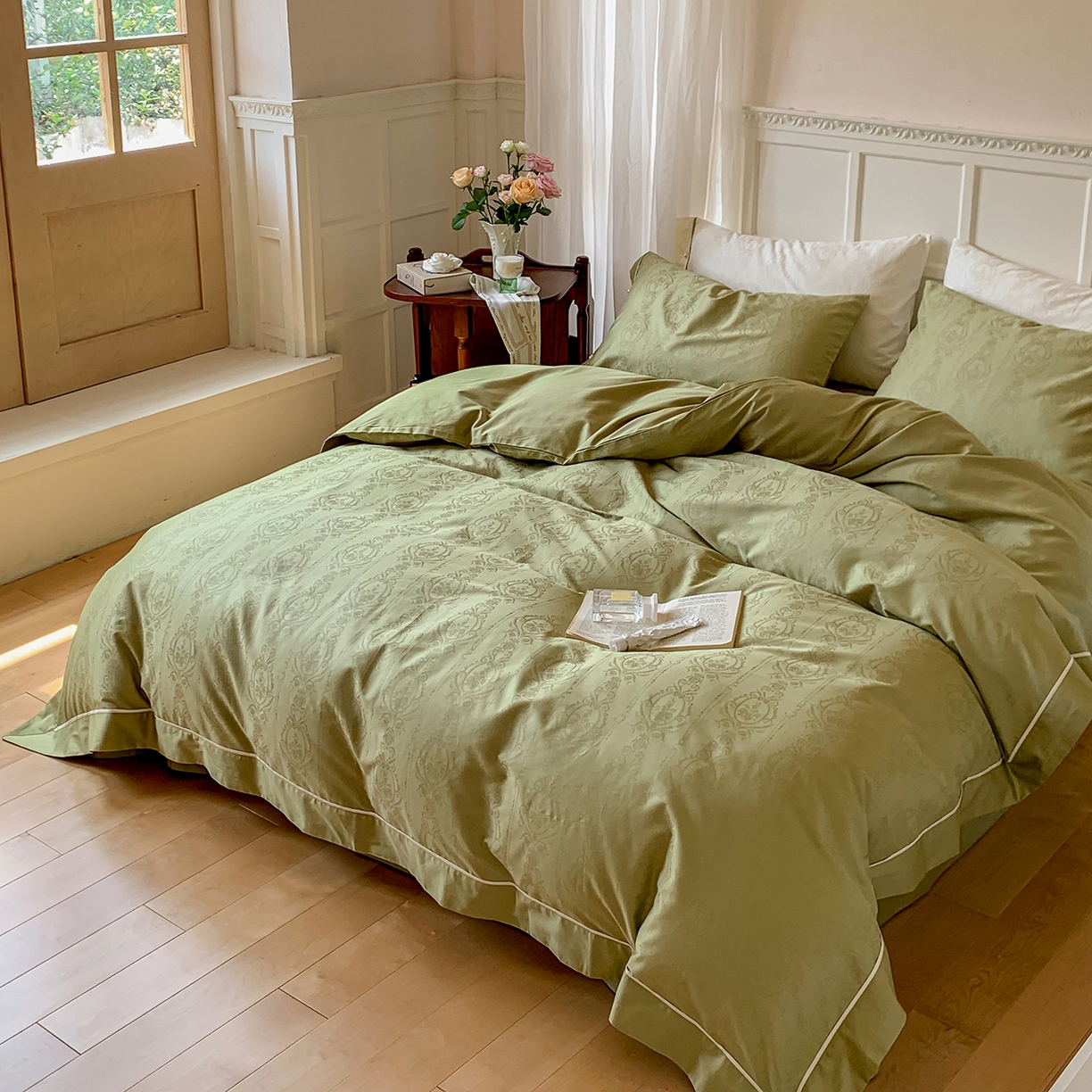 91家纺网 家纺一手货源 找家纺 优然居家纺 2026新款100支全工艺提花法式浪漫珍珠扣四件套-米兰系列 米兰法式绿