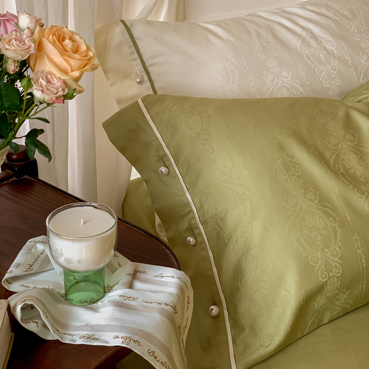 91家纺网 家纺一手货源 找家纺 优然居家纺 2026新款100支全工艺提花法式浪漫珍珠扣四件套-米兰系列 米兰法式绿