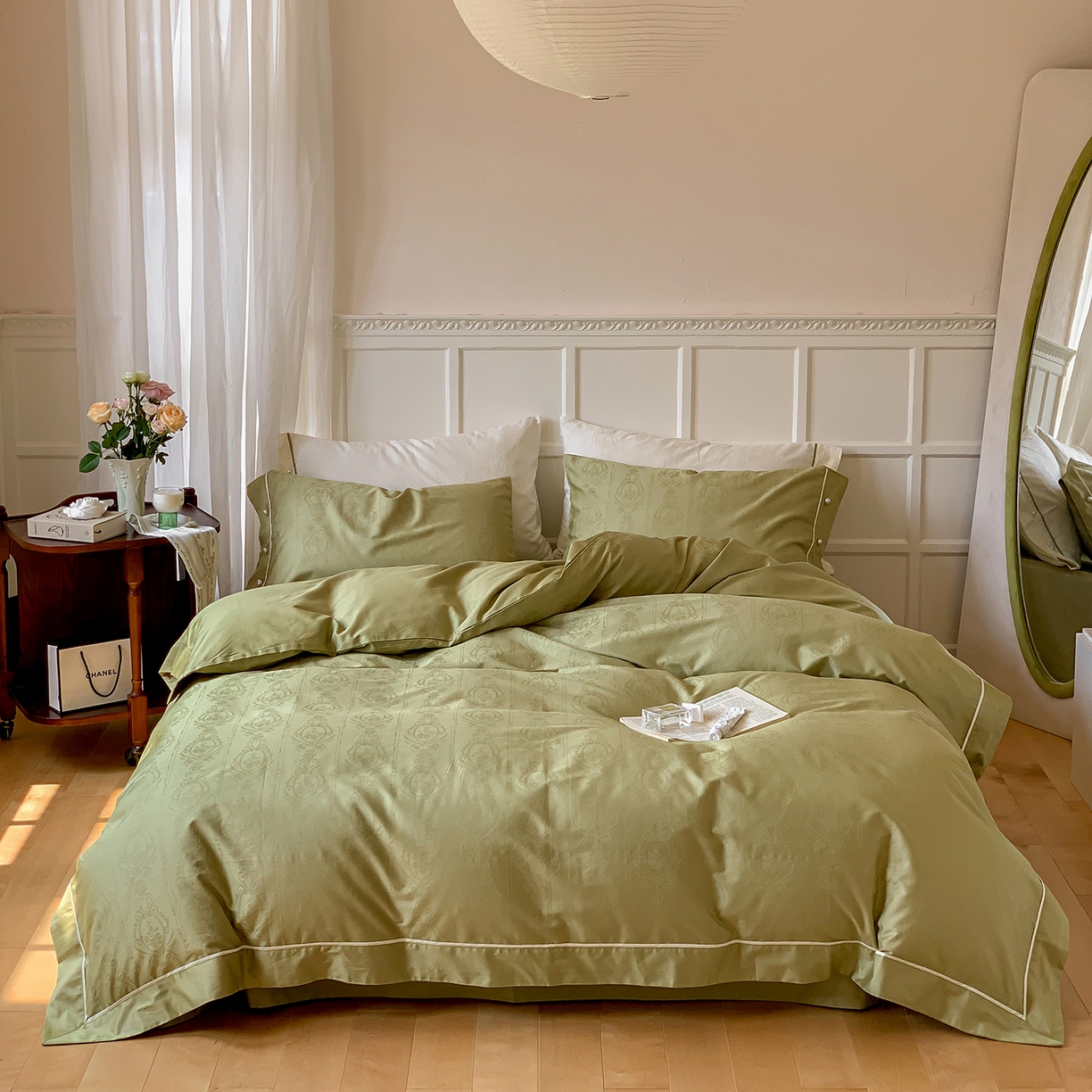 优然居家纺 2026新款100支全工艺提花法式浪漫珍珠扣四件套-米兰系列 米兰法式绿