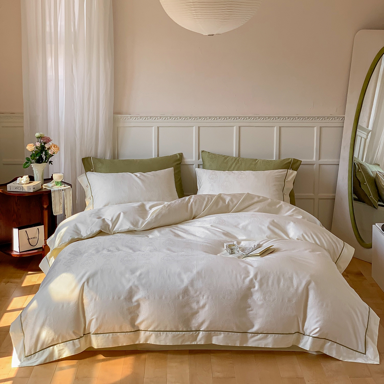 优然居家纺 2026新款100支全工艺提花法式浪漫珍珠扣四件套-米兰系列 米兰奶白