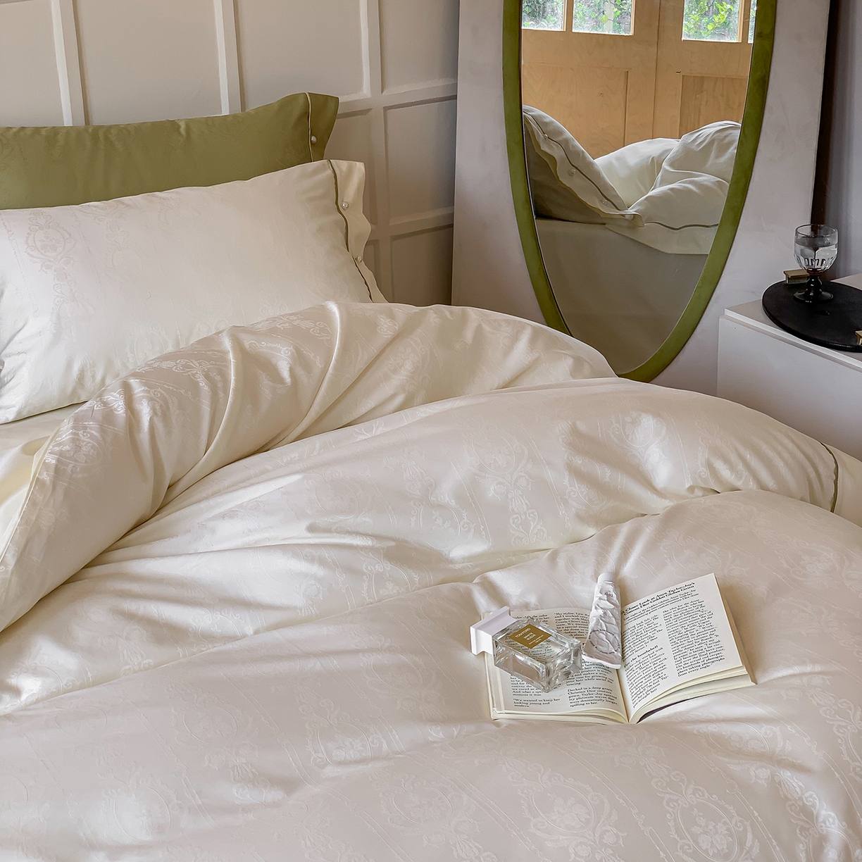 91家纺网 家纺一手货源 找家纺 优然居家纺 2026新款100支全工艺提花法式浪漫珍珠扣四件套-米兰系列 米兰奶白