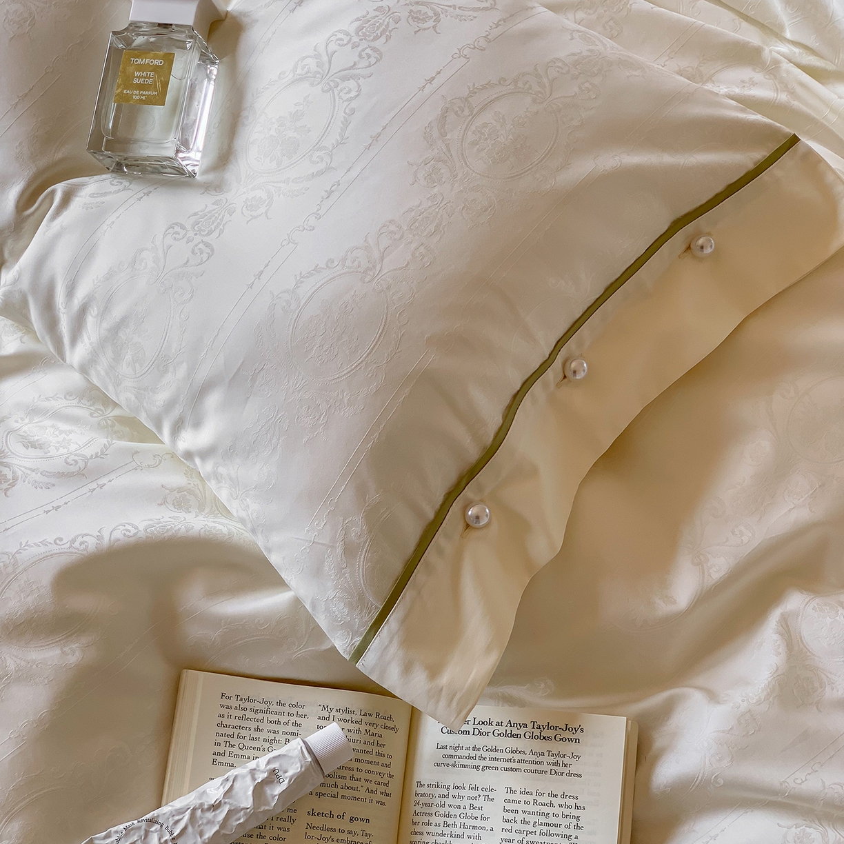 91家纺网 家纺一手货源 找家纺 优然居家纺 2026新款100支全工艺提花法式浪漫珍珠扣四件套-米兰系列 米兰奶白