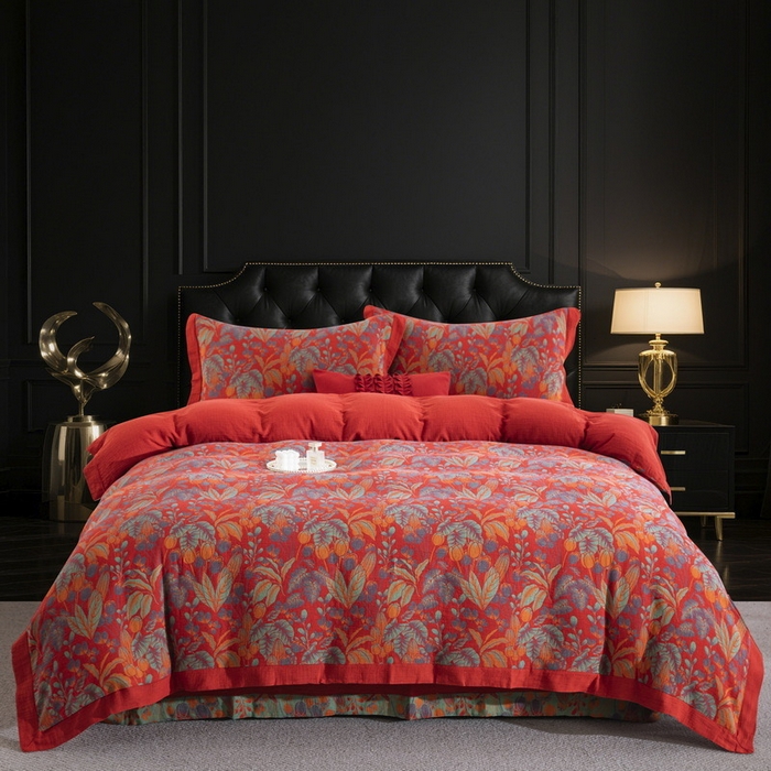 91家纺网 家纺一手货源 找家纺 （总）仰望棉麻双层纱供应链 2026新款全棉色织提花拼角飞边款四件套-郁金花园,郁金花园