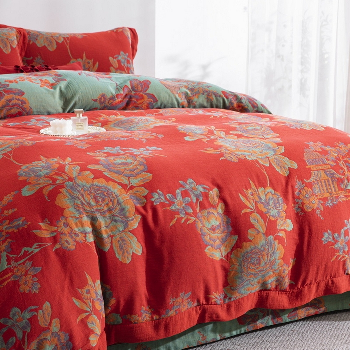 91家纺网 家纺一手货源 找家纺 （总）仰望棉麻双层纱供应链 2026新款全棉色织提花拼角飞边款四件套-英伦城堡