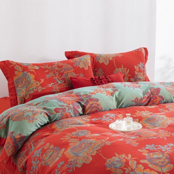 91家纺网 家纺一手货源 找家纺 （总）仰望棉麻双层纱供应链 2026新款全棉色织提花拼角飞边款四件套-英伦城堡