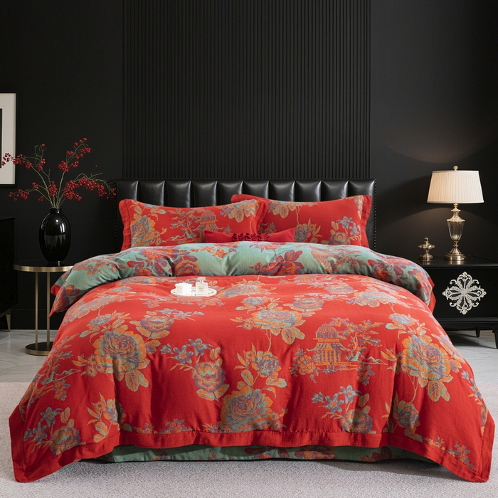 91家纺网 家纺一手货源 找家纺 （总）仰望棉麻双层纱供应链 2026新款全棉色织提花拼角飞边款四件套-英伦城堡,英伦城堡-正红