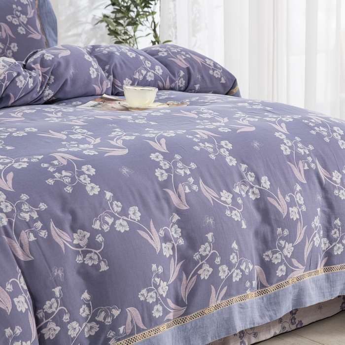 91家纺网 家纺一手货源 找家纺 （总）仰望棉麻双层纱供应链 2026新款莫兰迪轻奢系列镂空飞边款全棉色织提花四件套-铃兰