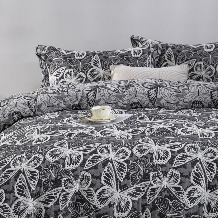 91家纺网 家纺一手货源 找家纺 （总）仰望棉麻双层纱供应链 2026新款三层纱床盖飞边款四件套-梦蝶