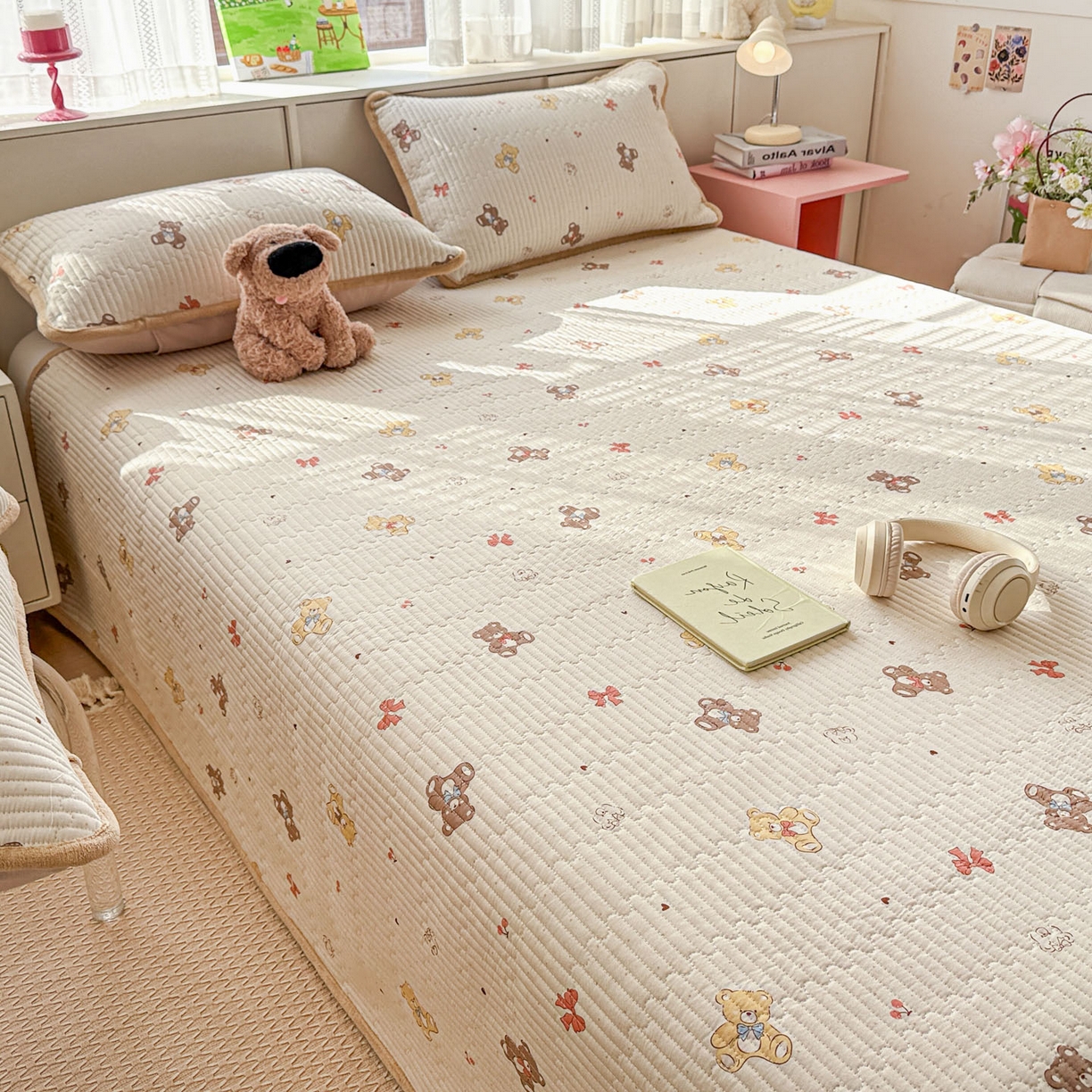 91家纺网 家纺一手货源 找家纺 恒尚居 2026新款纯棉牛奶绒床盖双面两用夹棉床单床垫-秋冬款 四季通用 芭比熊【A纯棉-B牛奶绒】