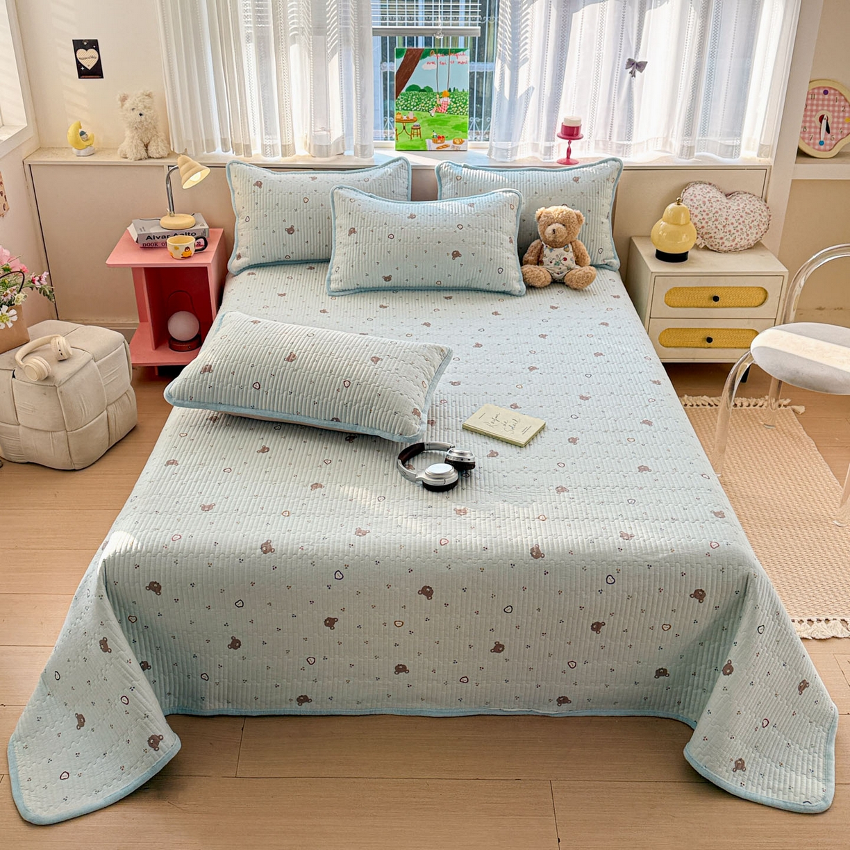 91家纺网 家纺一手货源 找家纺 恒尚居 2026新款纯棉牛奶绒床盖双面两用夹棉床单床垫-秋冬款 四季通用 布布熊【A纯棉-B牛奶绒】