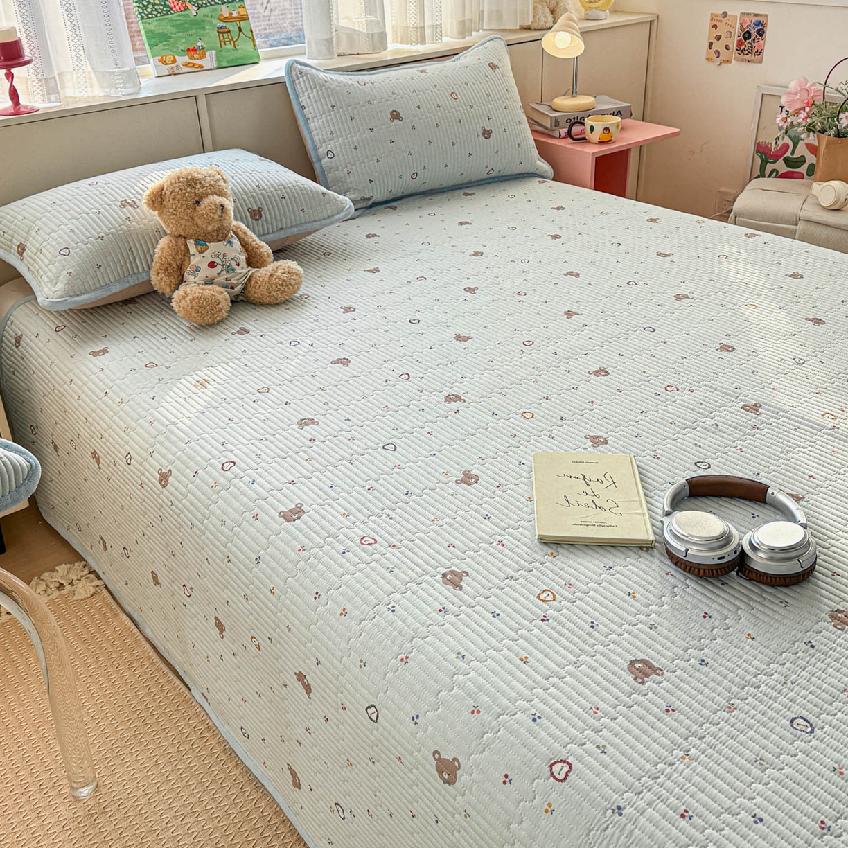 91家纺网 家纺一手货源 找家纺 恒尚居 2026新款纯棉牛奶绒床盖双面两用夹棉床单床垫-秋冬款 四季通用 布布熊【A纯棉-B牛奶绒】