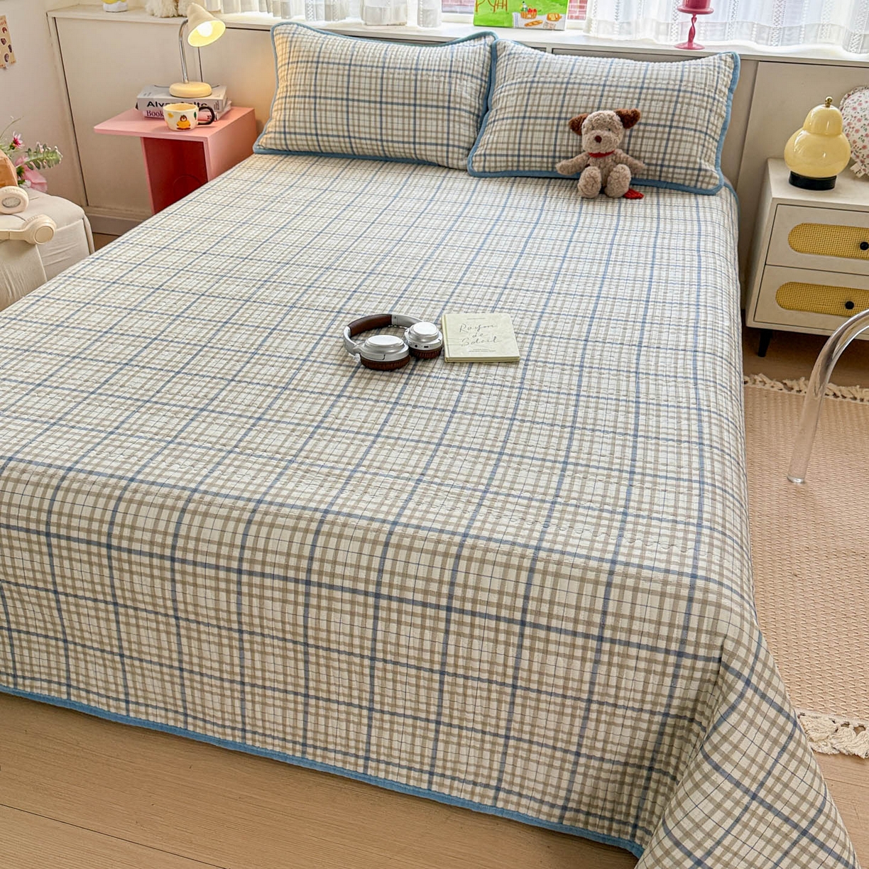 91家纺网 家纺一手货源 找家纺 恒尚居 2026新款纯棉牛奶绒床盖双面两用夹棉床单床垫-秋冬款 四季通用 大格蓝灰【A纯棉-B牛奶绒】