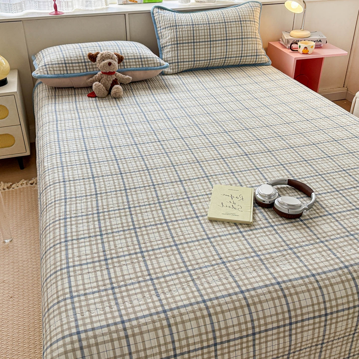 91家纺网 家纺一手货源 找家纺 恒尚居 2026新款纯棉牛奶绒床盖双面两用夹棉床单床垫-秋冬款 四季通用 大格蓝灰【A纯棉-B牛奶绒】