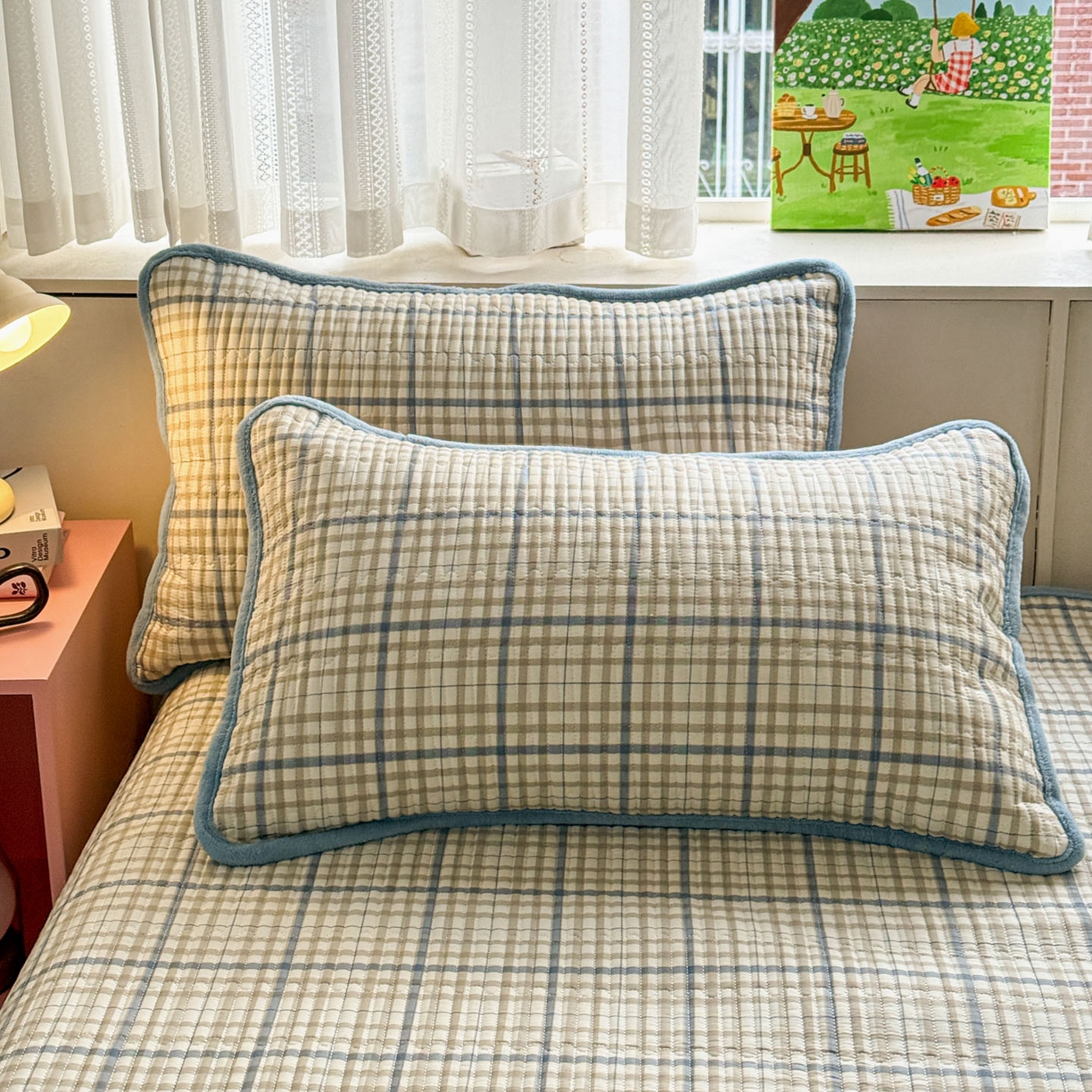 91家纺网 家纺一手货源 找家纺 恒尚居 2026新款纯棉牛奶绒床盖双面两用夹棉床单床垫-秋冬款 四季通用 大格蓝灰【A纯棉-B牛奶绒】