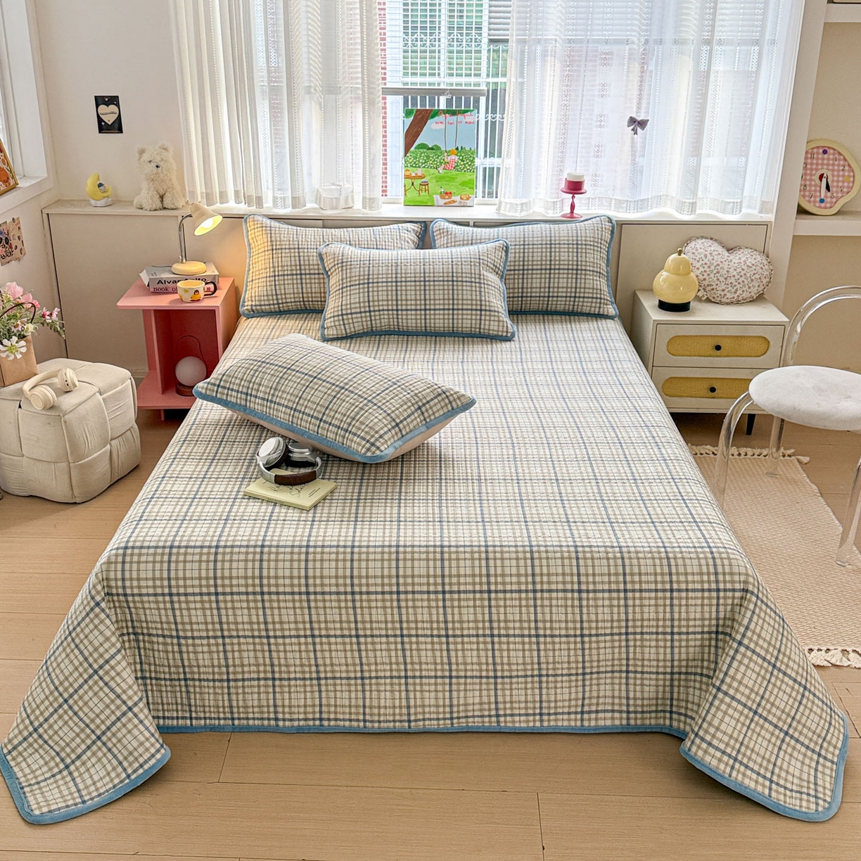 91家纺网 家纺一手货源 找家纺 恒尚居 2026新款纯棉牛奶绒床盖双面两用夹棉床单床垫-秋冬款 四季通用 大格蓝灰【A纯棉-B牛奶绒】