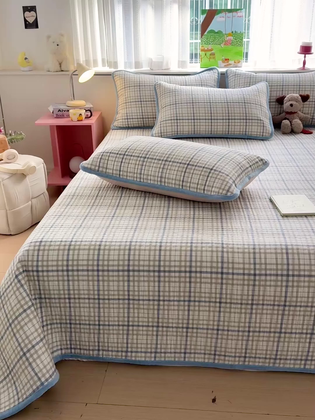 91家纺网 家纺一手货源 找家纺 恒尚居 2026新款纯棉牛奶绒床盖双面两用夹棉床单床垫-秋冬款 四季通用 大格蓝灰【A纯棉-B牛奶绒】