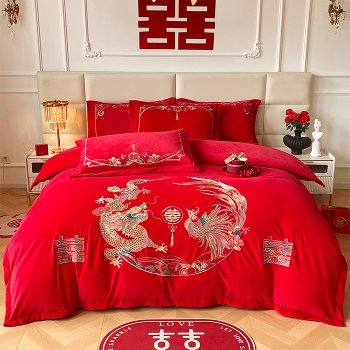 91家纺网 家纺一手货源 找家纺 （总）富之雅婚庆 2025新款高克重全工艺牛奶绒宝宝绒刺绣婚庆四件套