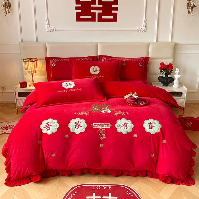 91家纺网 家纺一手货源 找家纺 （总）富之雅婚庆 2025新款高克重全工艺牛奶绒宝宝绒刺绣婚庆四件套