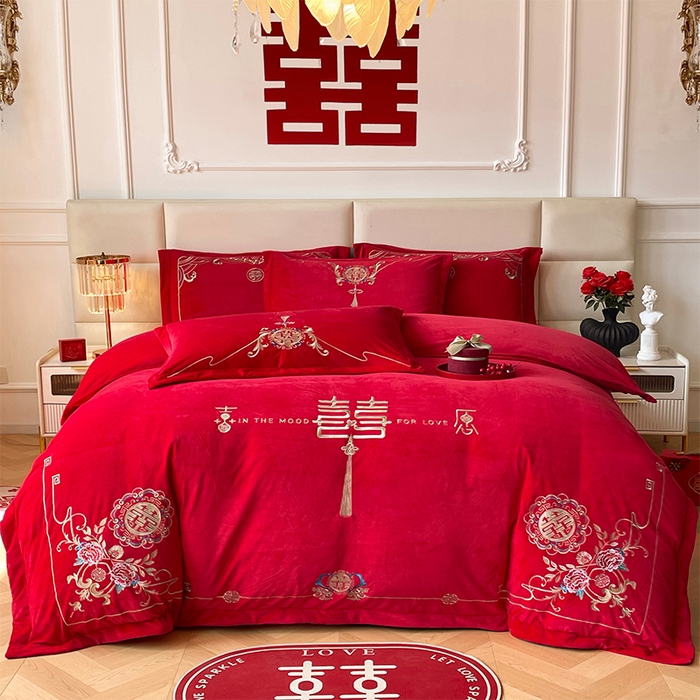 91家纺网 家纺一手货源 找家纺 （总）富之雅婚庆 2025新款高克重全工艺牛奶绒宝宝绒刺绣婚庆四件套