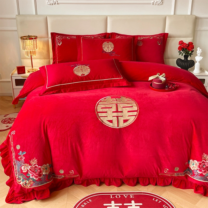 91家纺网 家纺一手货源 找家纺 （总）富之雅婚庆 2025新款高克重全工艺牛奶绒宝宝绒刺绣婚庆四件套