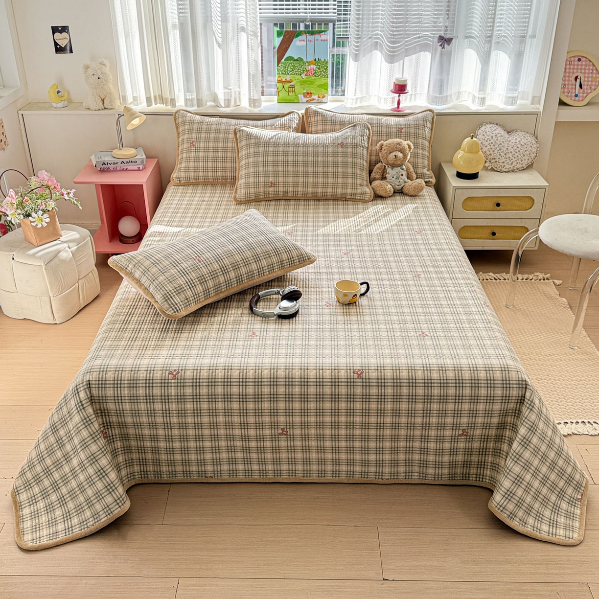 91家纺网 家纺一手货源 找家纺 恒尚居 2026新款纯棉牛奶绒床盖双面两用夹棉床单床垫-秋冬款 四季通用 卡其格【A纯棉-B牛奶绒】