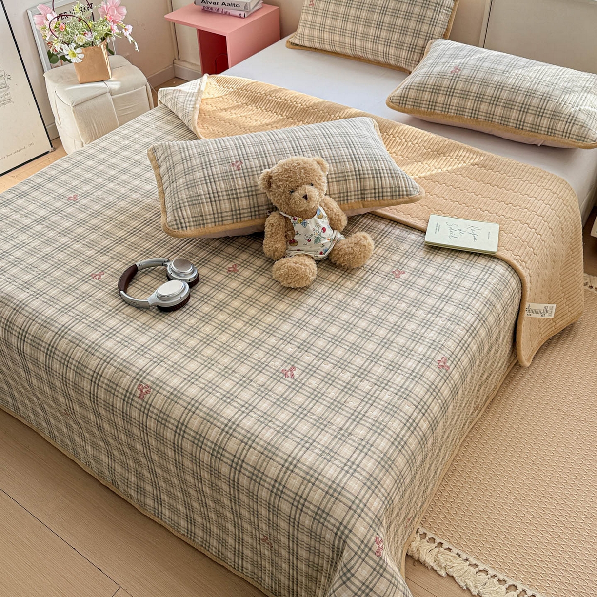 恒尚居 2026新款纯棉牛奶绒床盖双面两用夹棉床单床垫-秋冬款 四季通用 卡其格【A纯棉-B牛奶绒】