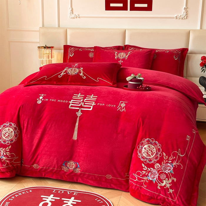 91家纺网 家纺一手货源 找家纺 富之雅婚庆 2025新款高克重全工艺牛奶绒宝宝绒刺绣婚庆四件套 缘定三生（宝宝绒）