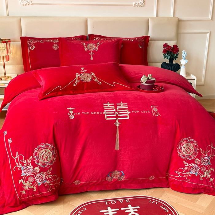 91家纺网 家纺一手货源 找家纺 富之雅婚庆 2025新款高克重全工艺牛奶绒宝宝绒刺绣婚庆四件套 缘定三生（宝宝绒）