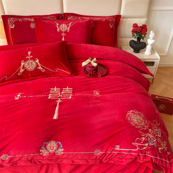 91家纺网 家纺一手货源 找家纺 富之雅婚庆 2025新款高克重全工艺牛奶绒宝宝绒刺绣婚庆四件套 缘定三生（宝宝绒）