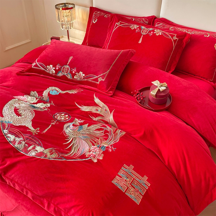 91家纺网 家纺一手货源 找家纺 富之雅婚庆 2025新款高克重全工艺牛奶绒宝宝绒刺绣婚庆四件套 龙凤双喜（宝宝绒）