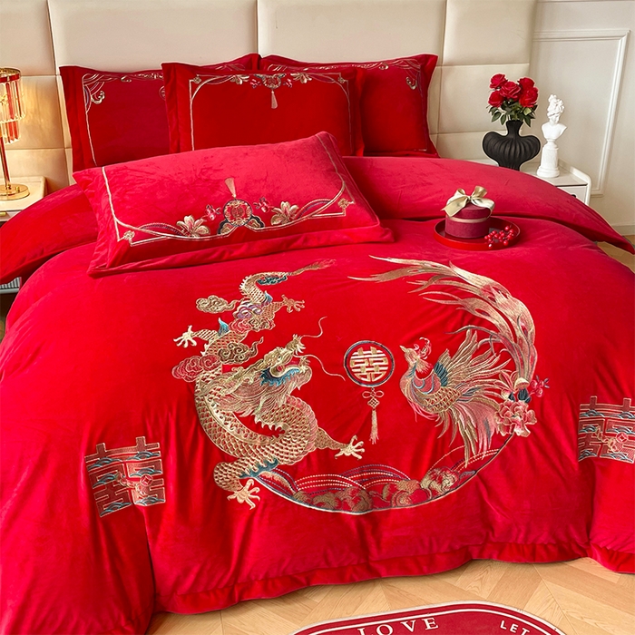 91家纺网 家纺一手货源 找家纺 富之雅婚庆 2025新款高克重全工艺牛奶绒宝宝绒刺绣婚庆四件套 龙凤双喜（宝宝绒）