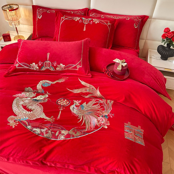 91家纺网 家纺一手货源 找家纺 富之雅婚庆 2025新款高克重全工艺牛奶绒宝宝绒刺绣婚庆四件套 龙凤双喜（宝宝绒）