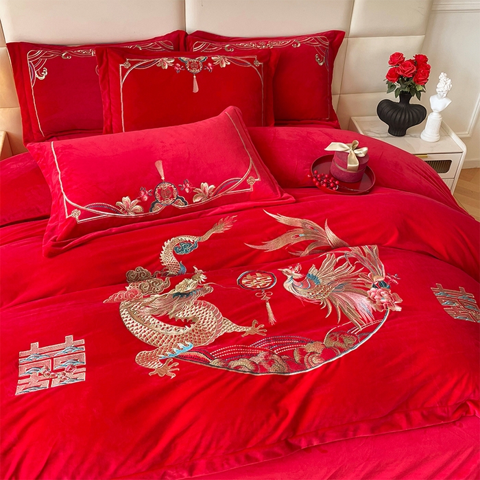 91家纺网 家纺一手货源 找家纺 富之雅婚庆 2025新款高克重全工艺牛奶绒宝宝绒刺绣婚庆四件套 龙凤双喜（宝宝绒）