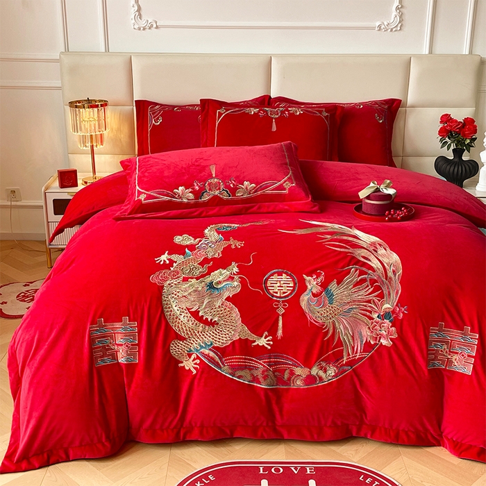 91家纺网 家纺一手货源 找家纺 富之雅婚庆 2025新款高克重全工艺牛奶绒宝宝绒刺绣婚庆四件套 龙凤双喜（宝宝绒）