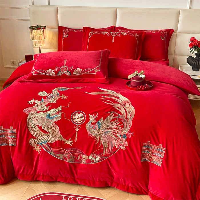 91家纺网 家纺一手货源 找家纺 富之雅婚庆 2025新款高克重全工艺牛奶绒宝宝绒刺绣婚庆四件套 龙凤双喜（宝宝绒）