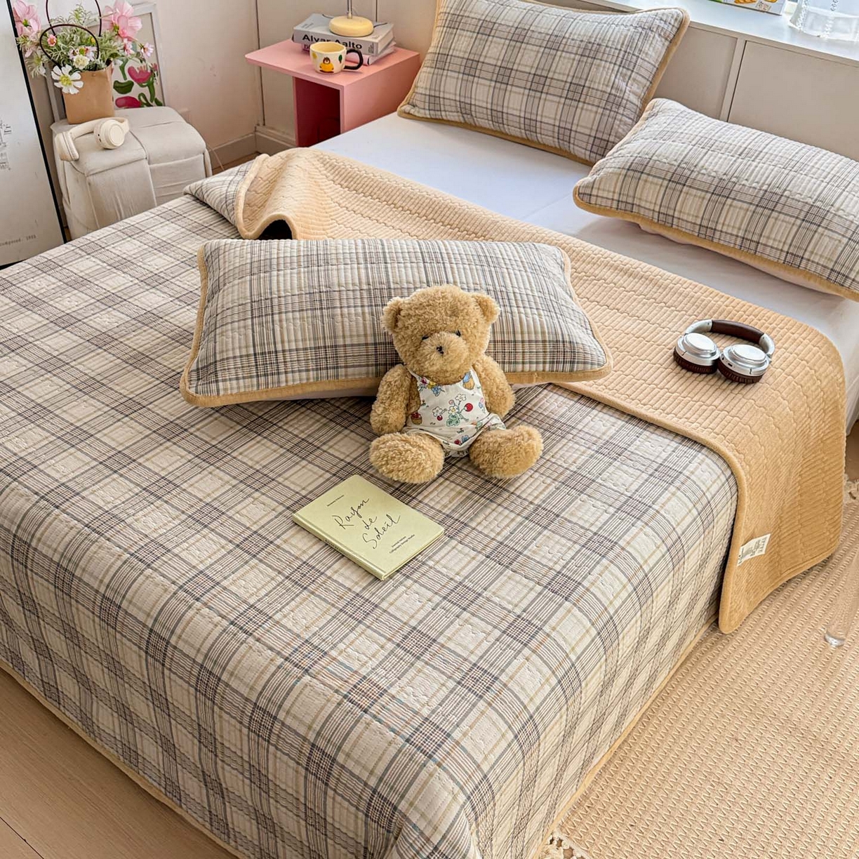 恒尚居 2026新款纯棉牛奶绒床盖双面两用夹棉床单床垫-秋冬款 四季通用 纽约格【A纯棉-B牛奶绒】