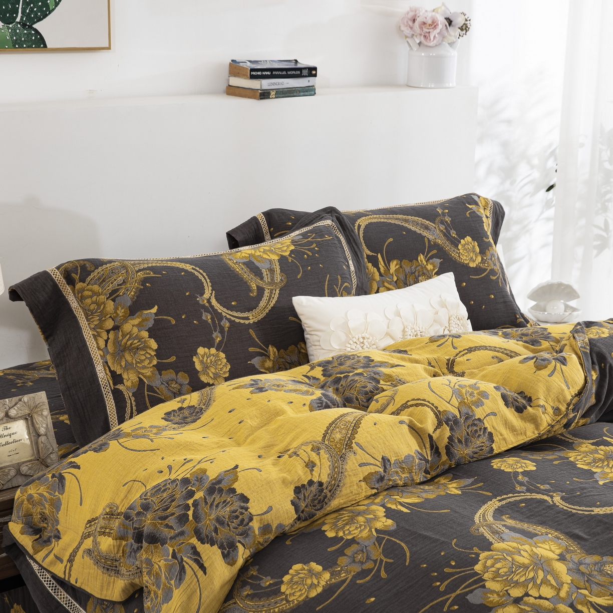 91家纺网 家纺一手货源 找家纺 （总）仰望棉麻双层纱供应链 2026新款镂空加宽飞边全棉色织提花双层纱四件套-芳华