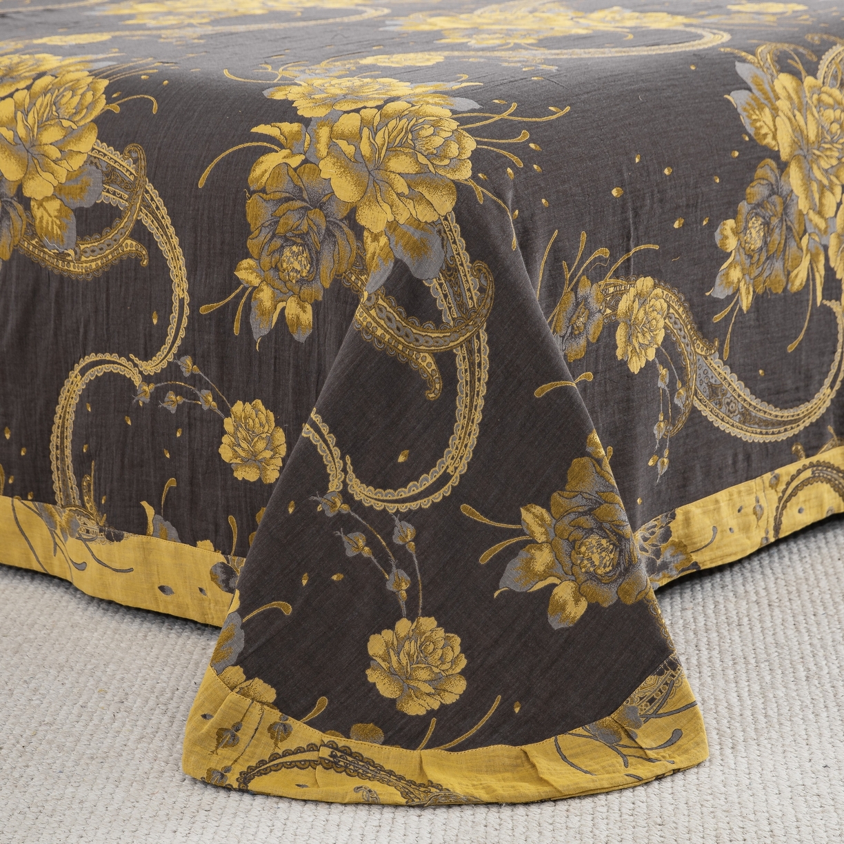 91家纺网 家纺一手货源 找家纺 （总）仰望棉麻双层纱供应链 2026新款镂空加宽飞边全棉色织提花双层纱四件套-芳华