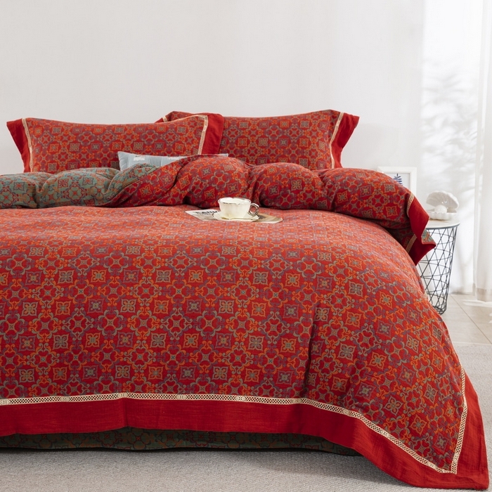 91家纺网 家纺一手货源 找家纺 （总）仰望棉麻双层纱供应链 2026新款镂空飞边款全棉色织提花四件套-鸳鸯锦