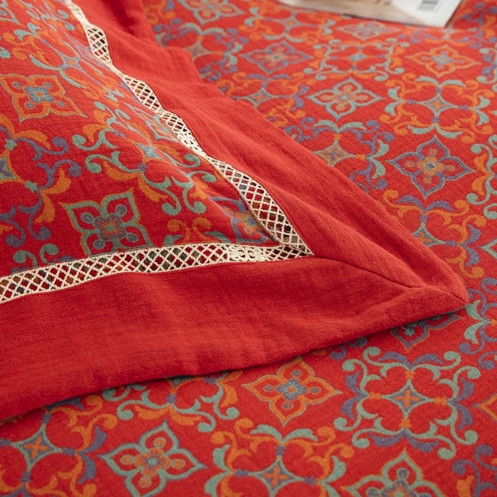 91家纺网 家纺一手货源 找家纺 （总）仰望棉麻双层纱供应链 2026新款镂空飞边款全棉色织提花四件套-鸳鸯锦