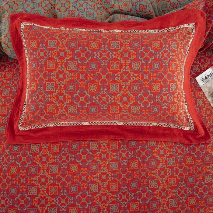 91家纺网 家纺一手货源 找家纺 （总）仰望棉麻双层纱供应链 2026新款镂空飞边款全棉色织提花四件套-鸳鸯锦