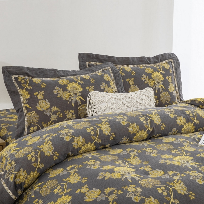 91家纺网 家纺一手货源 找家纺 （总）仰望棉麻双层纱供应链 2026新款黑金镂空飞边款全棉色织提花四件套-婉颜